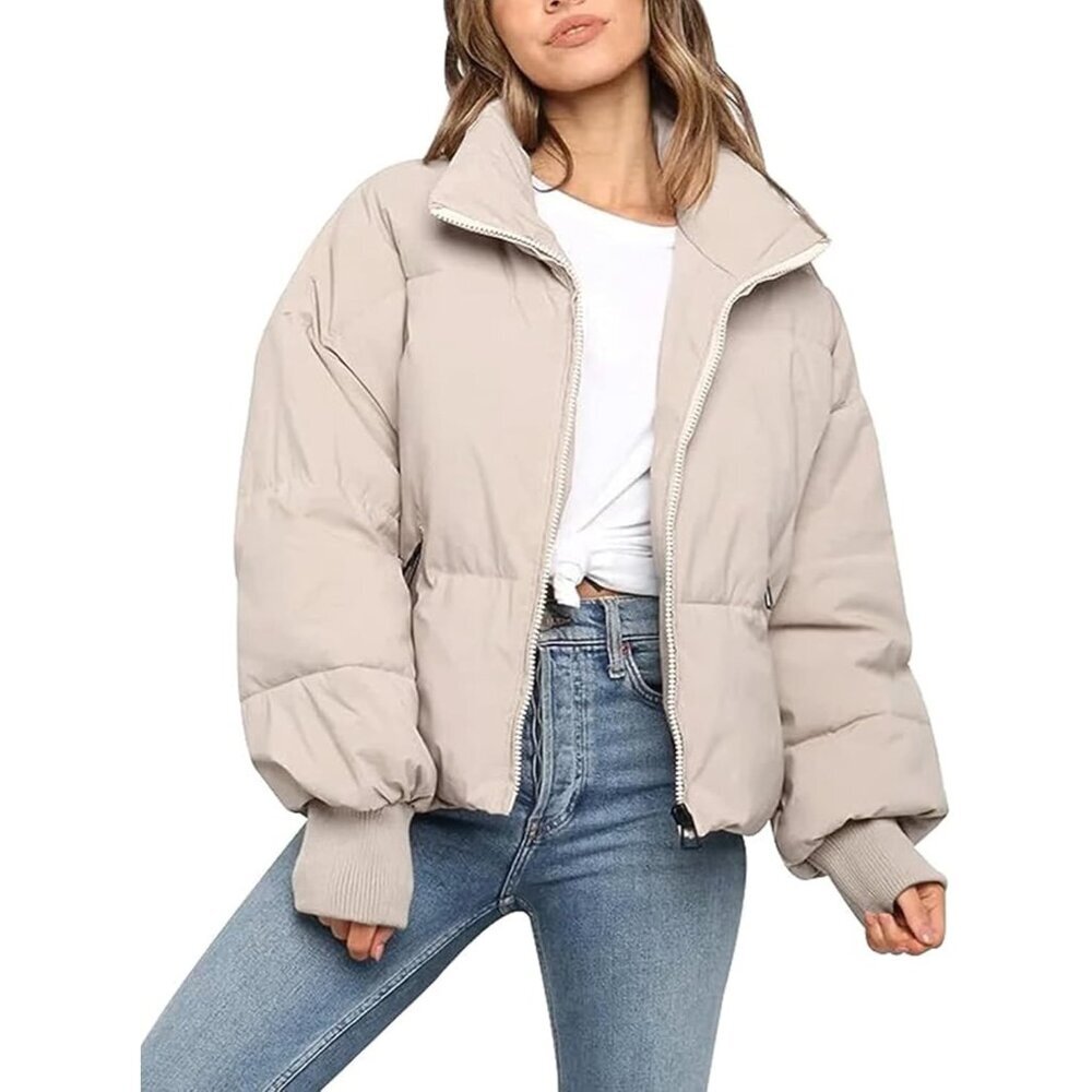 Women’s Beige Outerwear Ribbed Cuffs Slant Pockets Classic Cropped Puffer Jacket